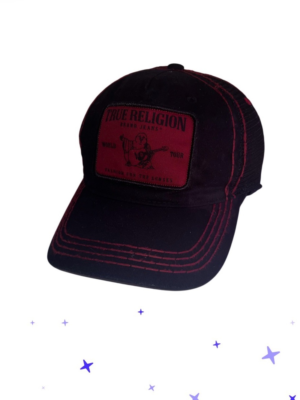 Red and black True Religion trucker mesh SnapBack hat unisex OSFA